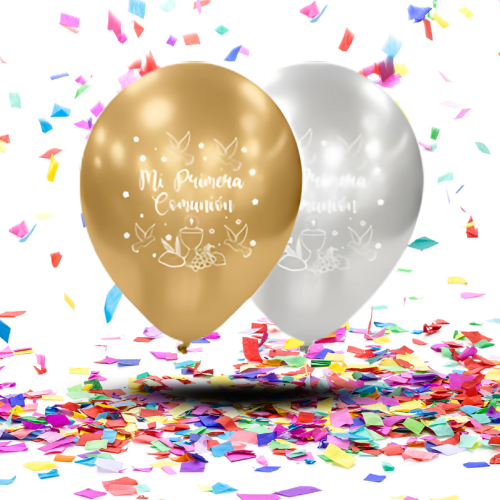 Mini Kit Decoración Primera Comunión | 12 Globos Biodegradables Espejo + Festón Blanco Dorado “Mi Primera Comunión”