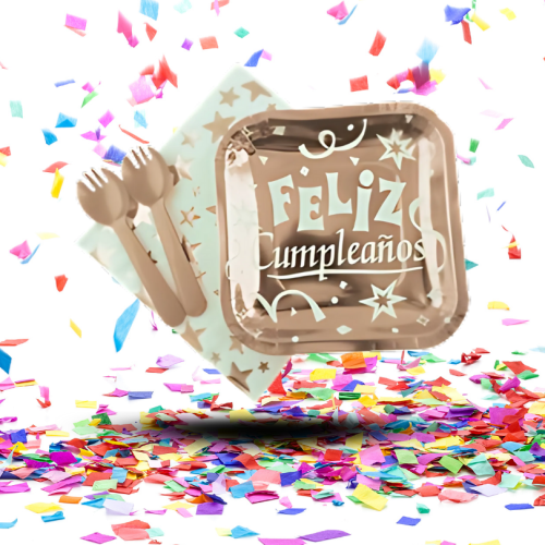 Kit Fiesta Metalizado “Feliz Cumpleaños” | Cubiertos, Platos y Servilletas. Decoración Elegante para Cumpleaños