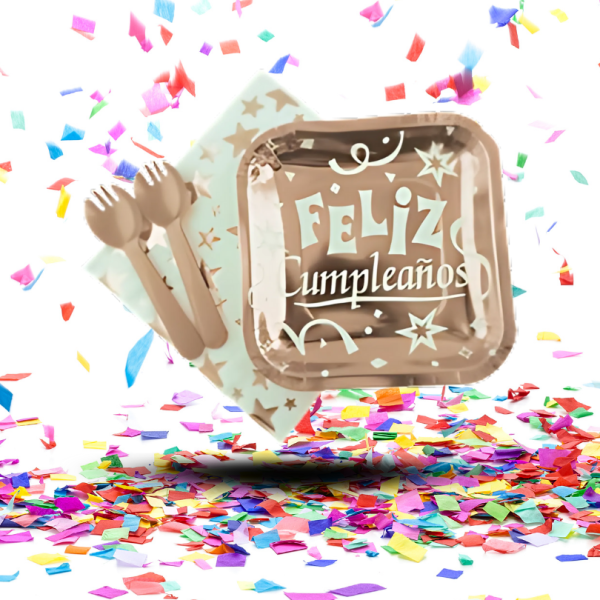 Kit Fiesta Metalizado “Feliz Cumpleaños” | Cubiertos, Platos y Servilletas. Decoración Elegante para Cumpleaños