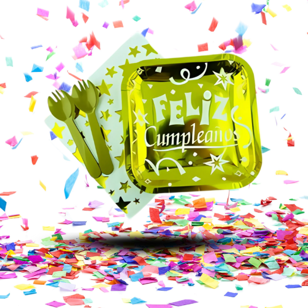 Kit Fiesta Metalizado “Feliz Cumpleaños” | Cubiertos, Platos y Servilletas. Decoración Elegante para Cumpleaños