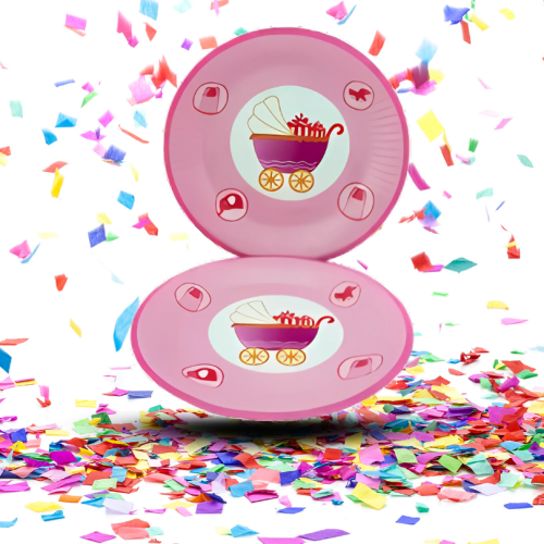 Platos Cartón Redondos Baby Shower 7” x12 | Diseño Coche Rosado y Azul para Niño o Niña