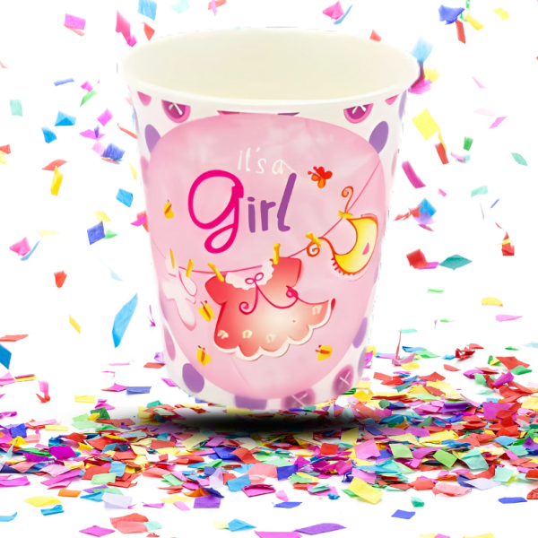 Vasos Cartón Bio Baby Shower 8oz x12 | Decoración Ecológica para Fiesta de Niña