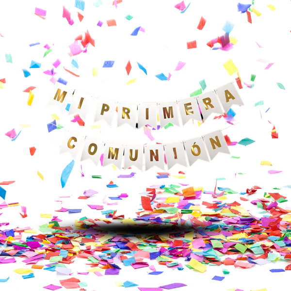 Mini Kit Decoración Primera Comunión | 12 Globos Biodegradables Espejo + Festón Blanco Dorado “Mi Primera Comunión”