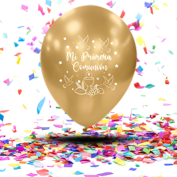 Mini Kit Decoración Primera Comunión | 12 Globos Biodegradables Espejo + Festón Blanco Dorado “Mi Primera Comunión”