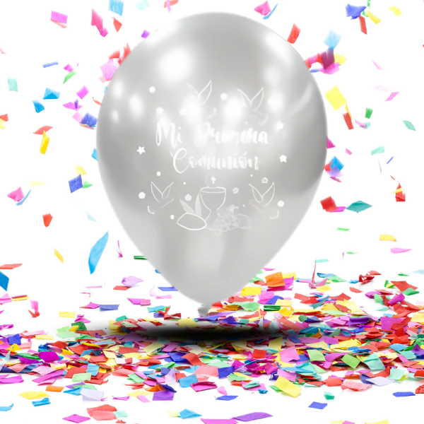 Mini Kit Decoración Primera Comunión | 12 Globos Biodegradables Espejo + Festón Blanco Dorado “Mi Primera Comunión”