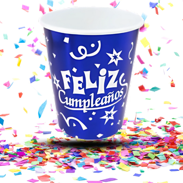 Vasos Biodegradables Metalizados “Feliz Cumpleaños” 8oz x12 | Desechables Brillantes para Fiestas Infantiles y Eventos