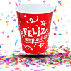 Vasos Biodegradables Metalizados “Feliz Cumpleaños” 8oz x12 | Desechables Brillantes para Fiestas Infantiles y Eventos