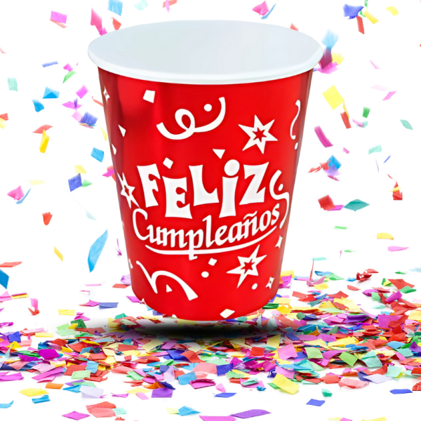 Vasos Biodegradables Metalizados “Feliz Cumpleaños” 8oz x12 | Desechables Brillantes para Fiestas Infantiles y Eventos