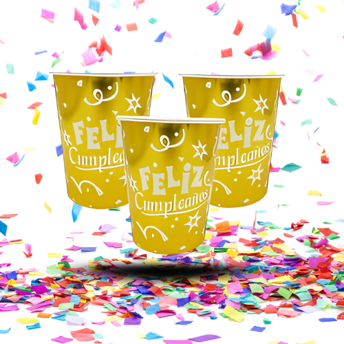 Vasos Biodegradables Metalizados “Feliz Cumpleaños” 8oz x12 | Desechables Brillantes para Fiestas Infantiles y Eventos