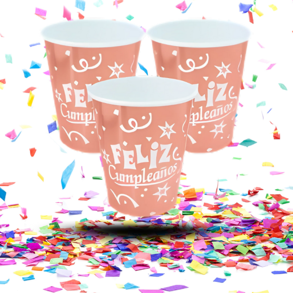 Vasos Biodegradables Metalizados “Feliz Cumpleaños” 8oz x12 | Desechables Brillantes para Fiestas Infantiles y Eventos