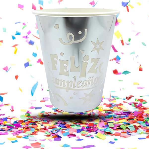 Vasos Biodegradables Metalizados “Feliz Cumpleaños” 8oz x12 | Desechables Brillantes para Fiestas Infantiles y Eventos