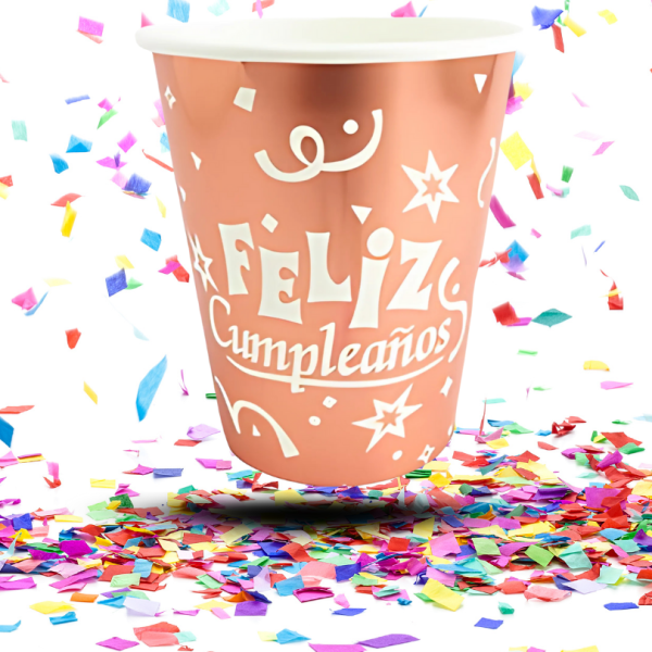 Vasos Biodegradables Metalizados “Feliz Cumpleaños” 8oz x12 | Desechables Brillantes para Fiestas Infantiles y Eventos