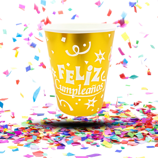 Vasos Biodegradables Metalizados “Feliz Cumpleaños” 8oz x12 | Desechables Brillantes para Fiestas Infantiles y Eventos