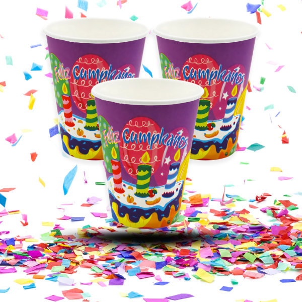 Vasos de Cartón Biodegradables "Feliz Cumpleaños" | Color y Alegría Eco-Consciente para tu Fiesta