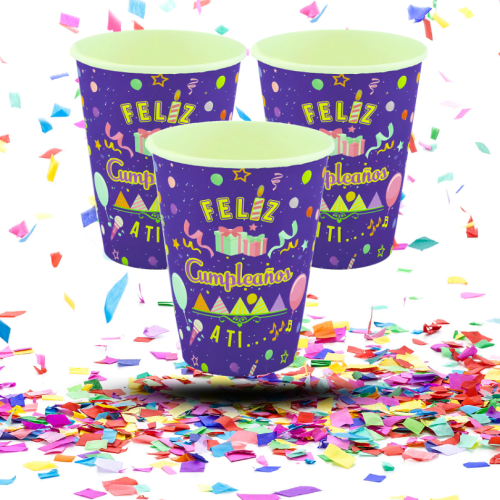 Vasos de Cartón Biodegradables "Feliz Cumpleaños" | Color y Alegría Eco-Consciente para tu Fiesta