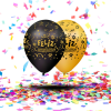 Globos Biodegradables Satinado "Feliz Cumpleaños" Dorado y Negro | Elegancia y Brillo en Cada Ángulo