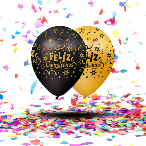 Globos Biodegradables Satinado "Feliz Cumpleaños" Dorado y Negro | Elegancia y Brillo en Cada Ángulo