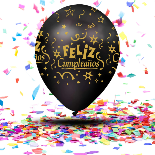 Globos Biodegradables Satinado "Feliz Cumpleaños" Dorado y Negro | Elegancia y Brillo en Cada Ángulo