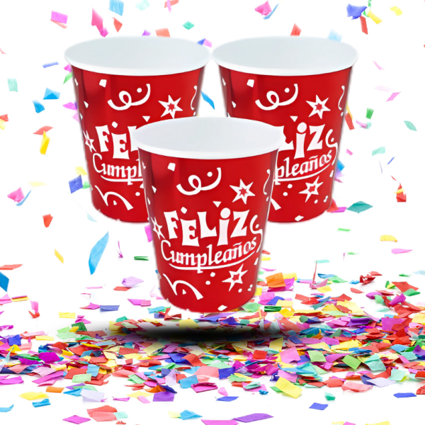Vasos Biodegradables Metalizados “Feliz Cumpleaños” 8oz x12 | Desechables Brillantes para Fiestas Infantiles y Eventos