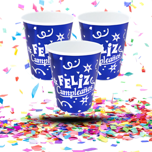 Vasos Biodegradables Metalizados “Feliz Cumpleaños” 8oz x12 | Desechables Brillantes para Fiestas Infantiles y Eventos