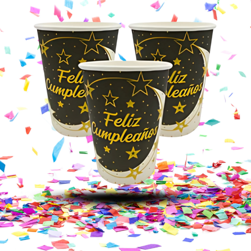 Vaso Cartón Metalizado Biodegradable "Feliz Cumpleaños" | El Toque de Brillo que Tu Fiesta Merece