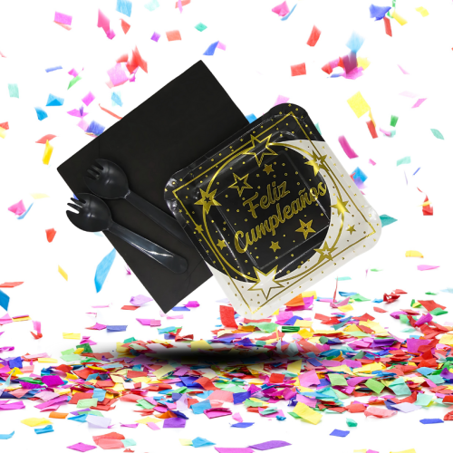 Kit de Vajilla "Feliz Cumpleaños" Metalizado | Brillo y Elegancia para tu Celebración