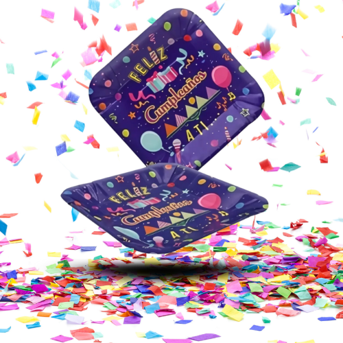 Platos de Cartón Cuadrados "Feliz Cumpleaños" | El toque brillante que tu mesa merece