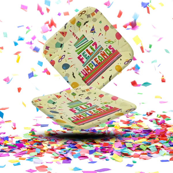 Platos de Cartón Cuadrados "Feliz Cumpleaños" | El toque brillante que tu mesa merece